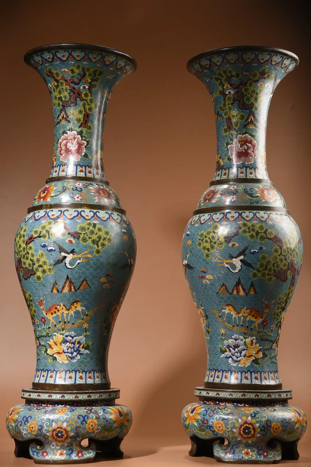 

32"Tibet Temple Collection Old Bronze Cloisonne Enamel Crane Sika deer Longevity Bottle Vase base A pair Appreciating Bottles
