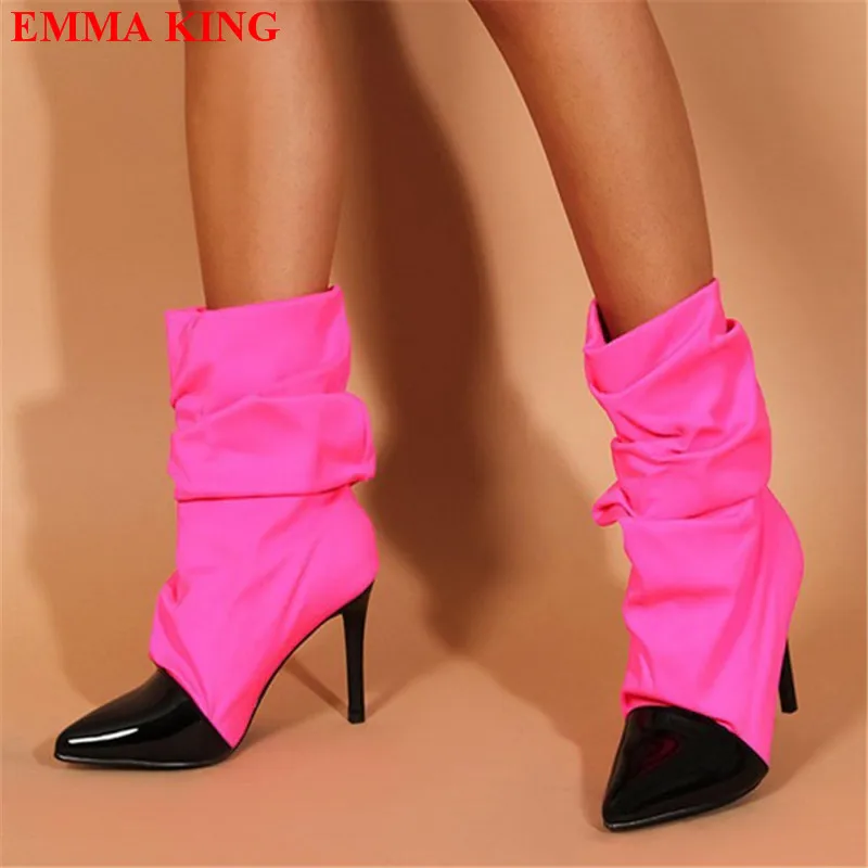 

Женские лоскутные плиссированные ботильоны с острым носком, Дизайнерские ботильоны на высоком каблуке, Осенние дамские короткие ботинки б...