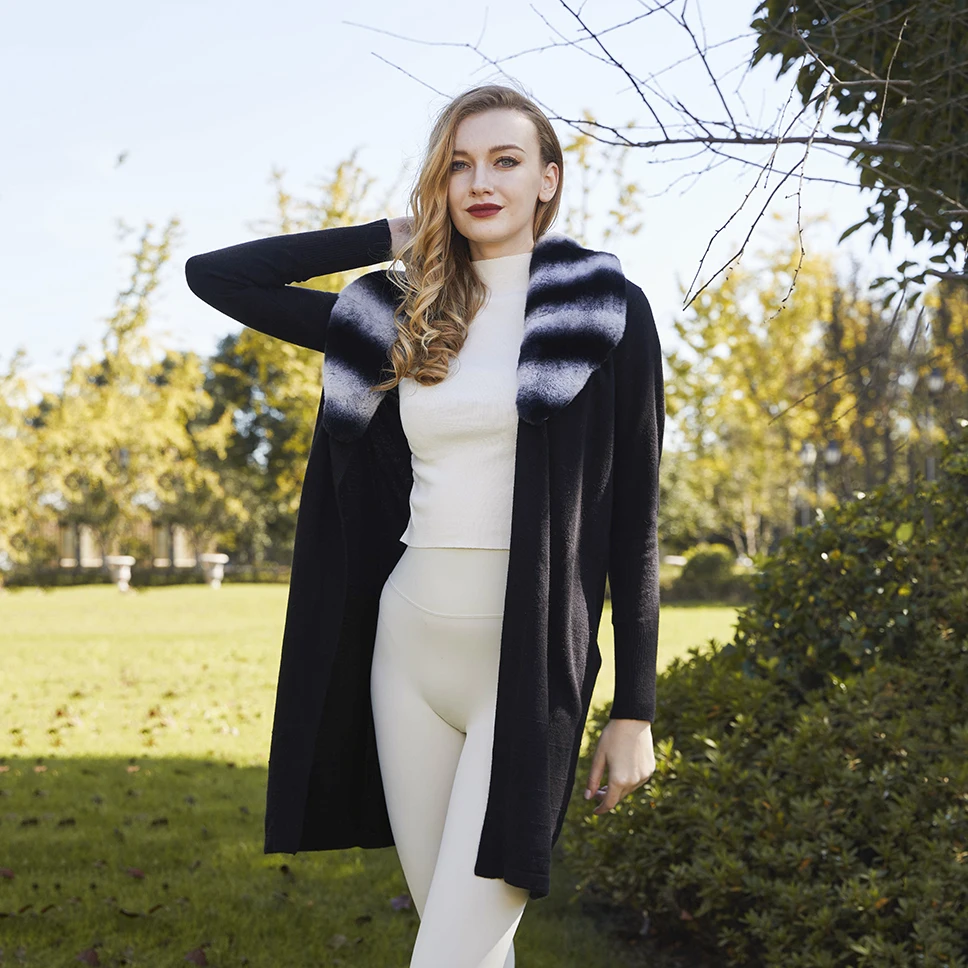 Женский длинный вязаный кардиган JANEFUR элегантный черный мягкий свитер с