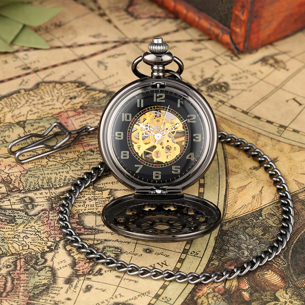 Arabic Numerals Display Manual Mechanical Pocket Watch Retro Black Spider Web Hollow Hand-Wind Pendant Man Clock Fob Chain