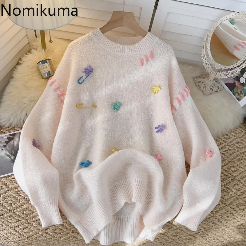 

Nomikuma Sweater Women Autumn Winter 3D Cartoon Patchwork Loose Knitted Pullover Women Vintage Sweet Fashion Sueters De Mujer