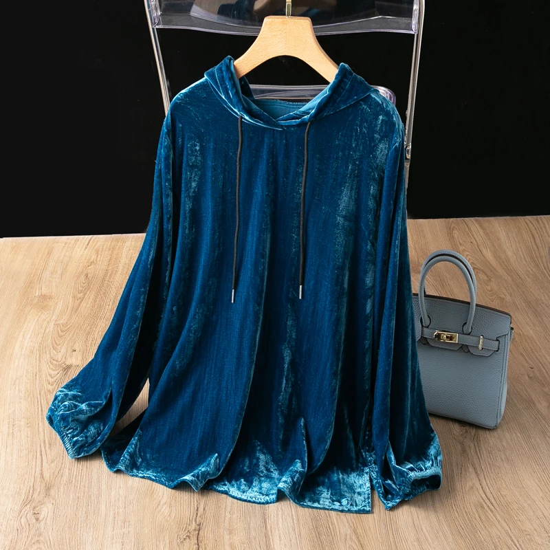 Sudadera con capucha de manga larga para mujer, blusa de terciopelo de seda de morera, color negro liso, holgada, 100%, MN903