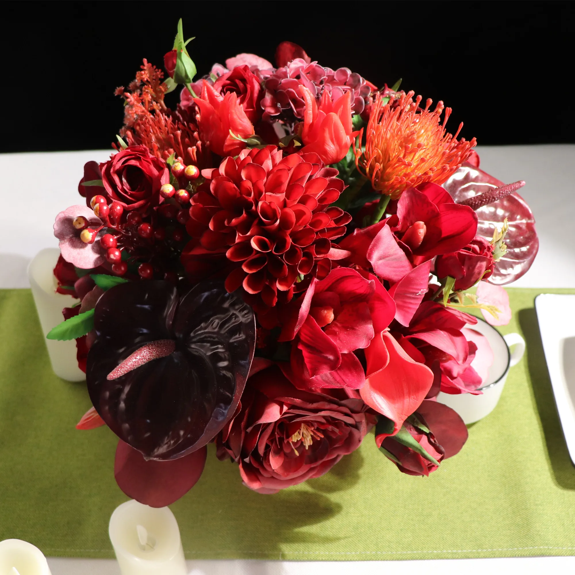 Red Dahia Rose Centerpiece (1 Set Bonsai With Carton Vase ) Tulip Customized Designed Table Luxury Flower Arrangment - INDIGO