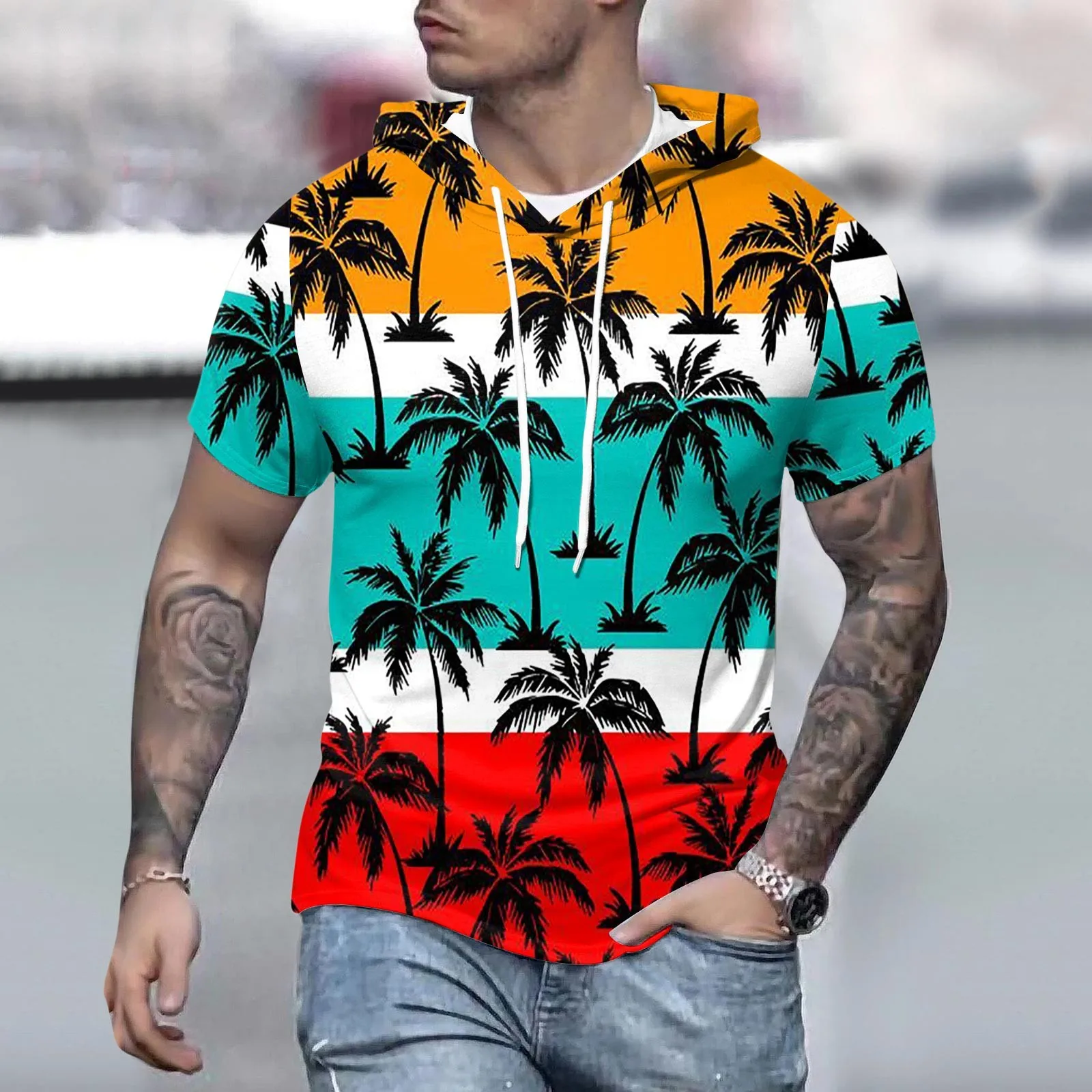 

Men'S Hawaiian Hooded Hip Hop Short Sleeve Sweetshirts Color-Matching Oversize Drawstring Pullover Vacation Travel Beach Tunic