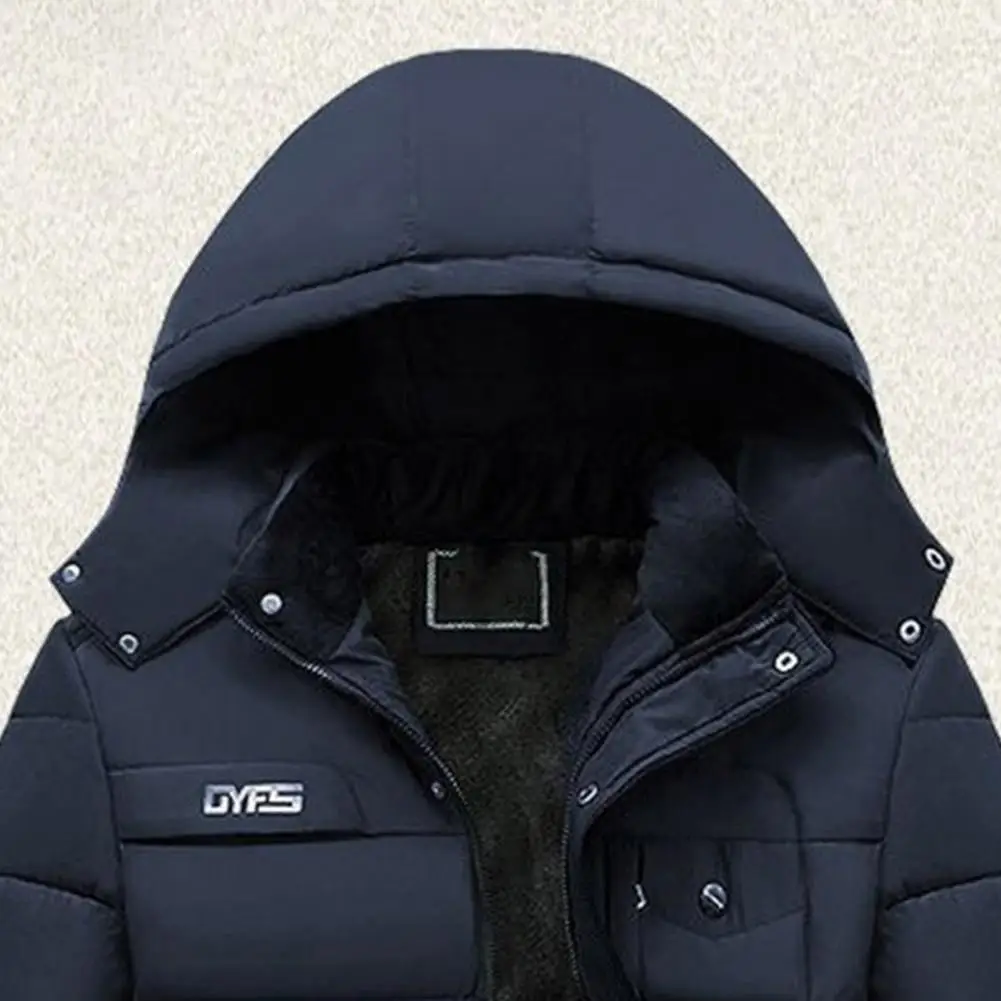 Hot！Men Hooded Coat Cotton Padded Plush Lining Solid Color Windbreaker Plus Size Cold Proof Hood Jacket Outwear Streetwear