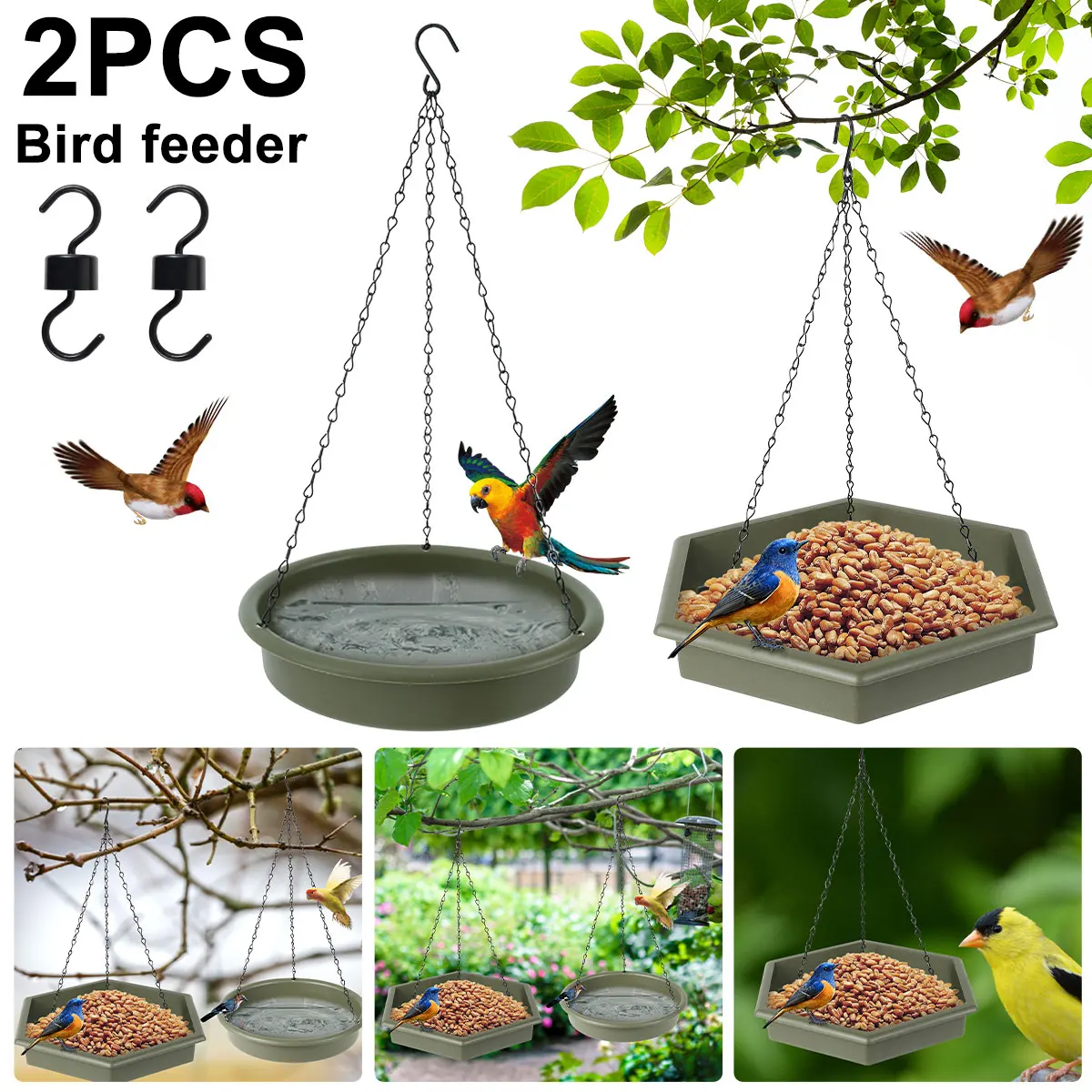 

2 шт. подвесная кормушка для птиц, поднос для ванной, открытый поднос для кормления птиц, поилка для воды для диких животных, заднего двора, ул...