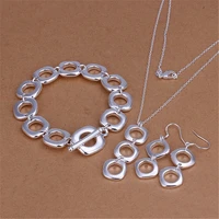 hot new silver round square pendant bracelet necklace earrings jewelry set for women fashion party christmas gifts