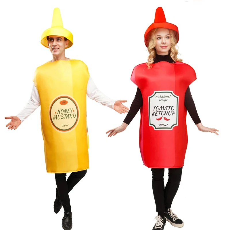 

Tomato Adult Cosplay Ketchup And Mustard Costume Halloween Lover Fancy Dress Funny Food Tunic for Couples Mascot Outfit