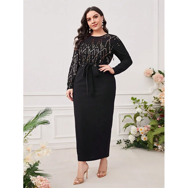 Plus Size Round Neck Stretch Sequins Shiny Elegant Bodycon Dress 4XL5XL Long Sleeves Black Party Commuting Fashion Midi Dresses
