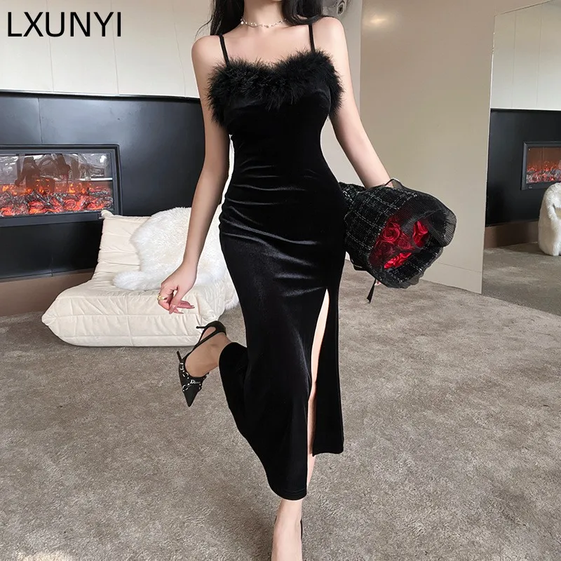 

Зимнее бархатное платье для женщин, соблазнительное приталенное платье с V-образным вырезом в стиле пэчворк, платье для ежегодной вечеринки, длинные черные платья на бретелях без рукавов