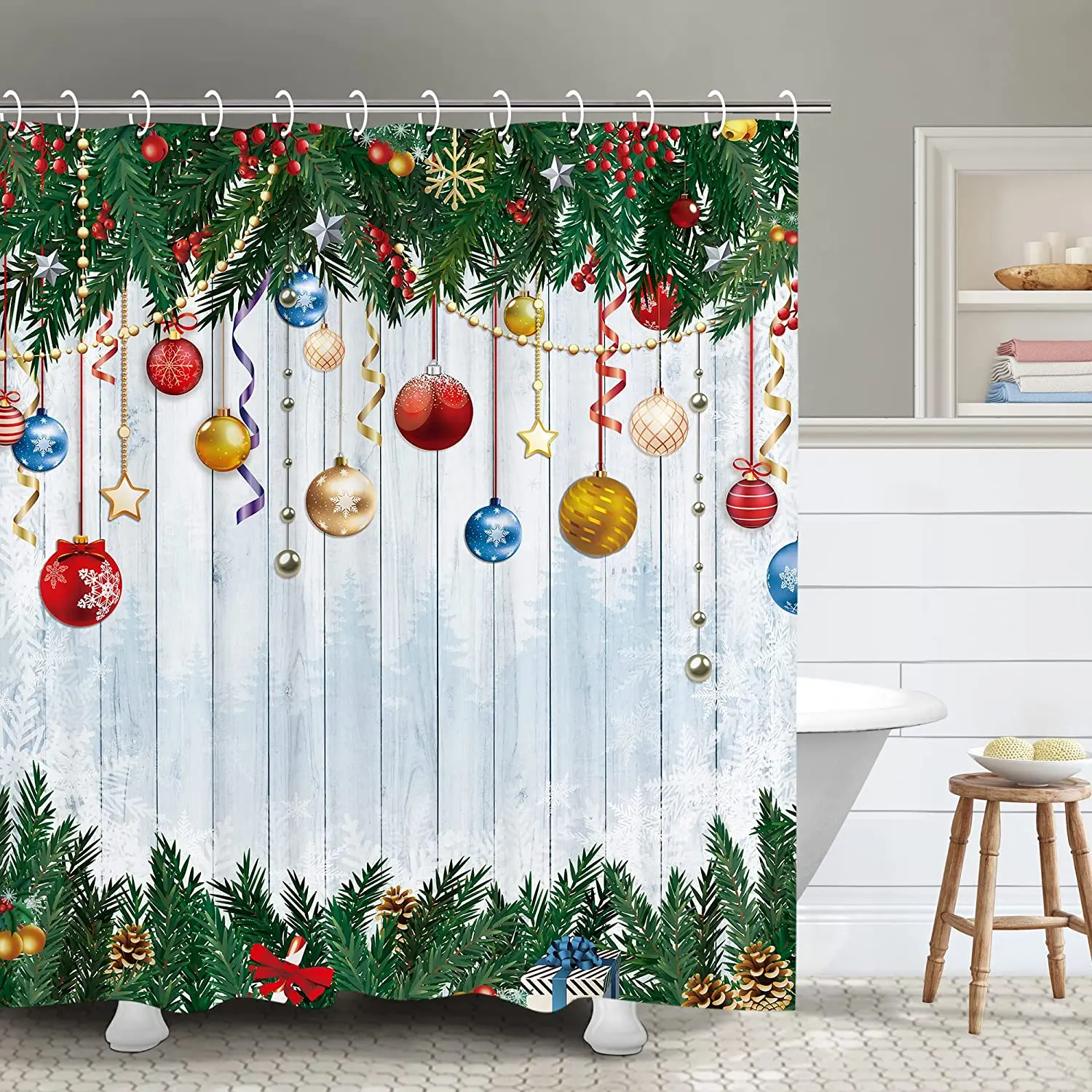 

Christmas Shower Curtain Winter Snow Xmas Bathroom Merry with Hooks Rustic Colorful Baubles Ball Farm Pine Tree Holiday Curtains