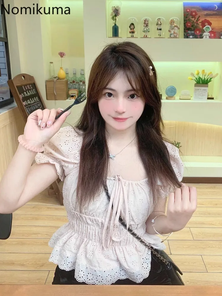 Блузка женская с квадратным вырезом милая туника рукавами-фонариками