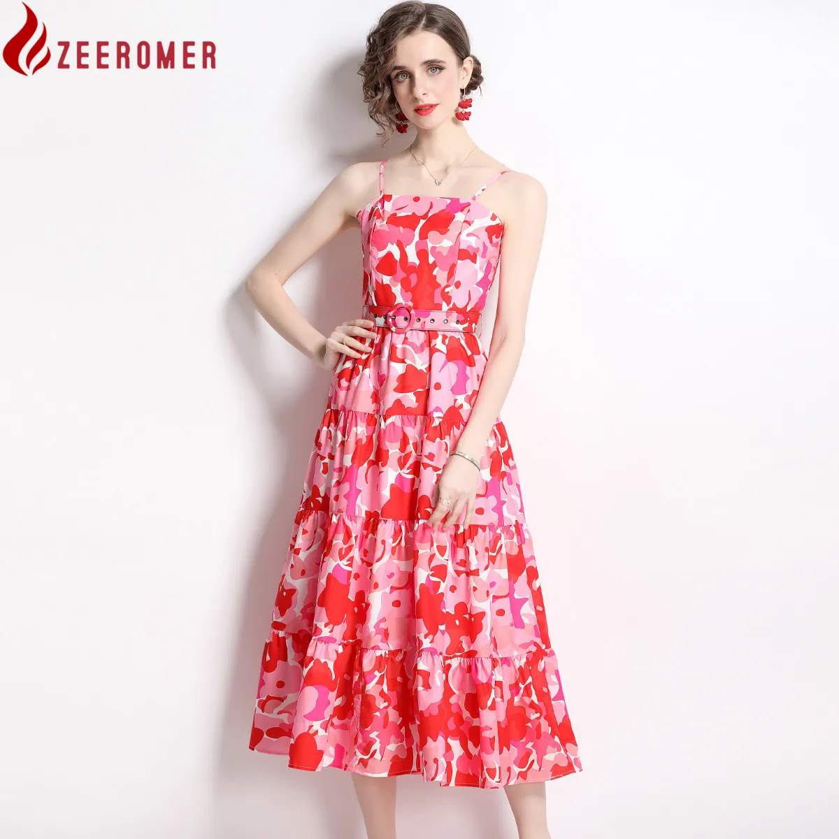 

2022 Summer Elegant Flower Print Long Dress Women Slash Neck Spaghetti Strap Belt A-Line Party Robe Ladies Casual Red Midi Dress