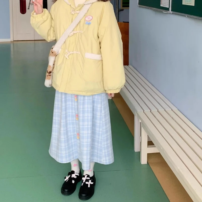 Фото Sweet Kawaii Mori Girl Style Синяя клетчатая длинная юбка трапециевидной формы Женская осенне-зимняя японская милая твидовая свободная макси-юбка с высокой талией №2