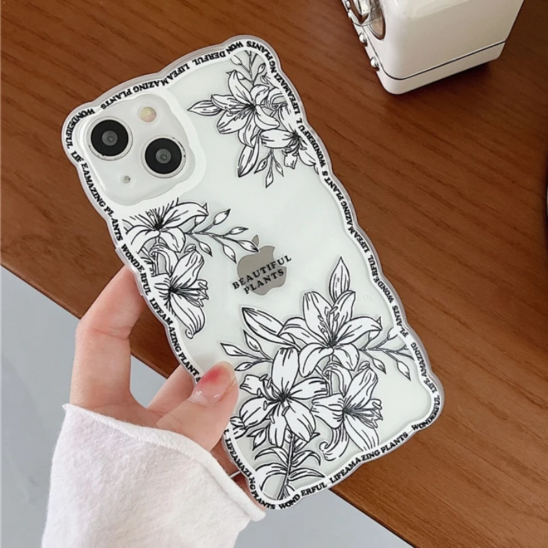 

Fashion Cute Sketch flower Wave frame Phone Case For iPhone 13 11 12 Pro Max X XR XS Max 13MINI 7 8Plus Cartoon Clear Soft Cover