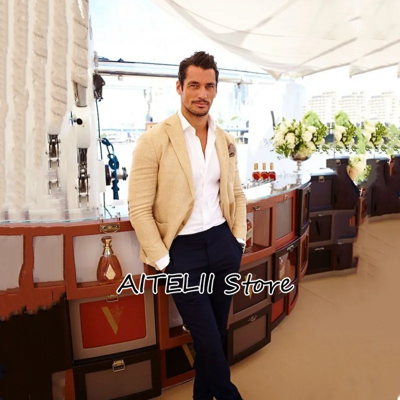 

2023 Men's Suit Fashion Linen Single Breasted Handsome Spike Collar Slim Business Formal Office Wedding Groom Coat Tops