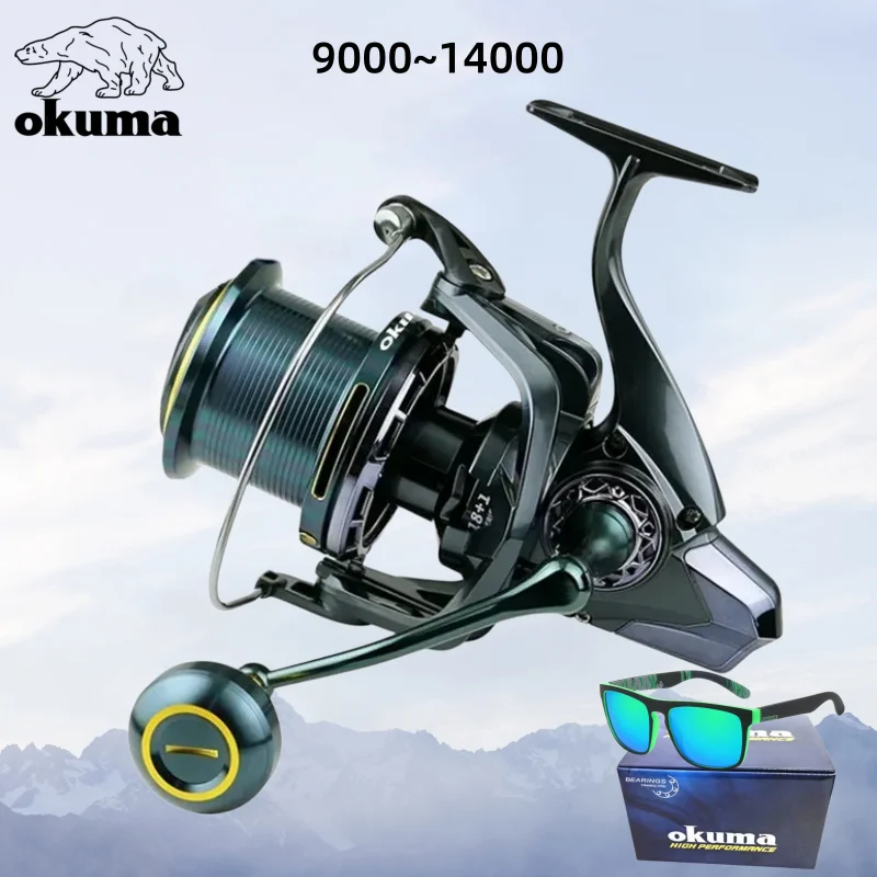 Фото Рыболовная катушка OKUMA 9000-14000, металлическая, для дальнего заброса, с направляющей шпулей, передаточное число 4.7:1, тормозная сила 30 кг. №1