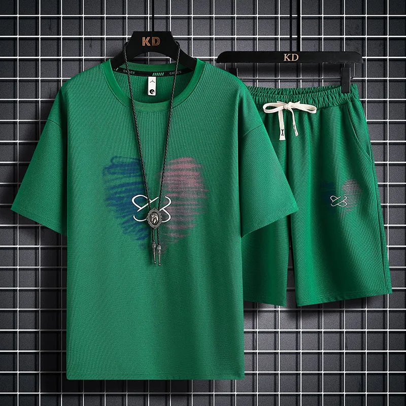 2023 Fashion Waffle Summer Menswear Fashion Brand Two-Piece Short Sleeve Shorts Loose Outfit Set