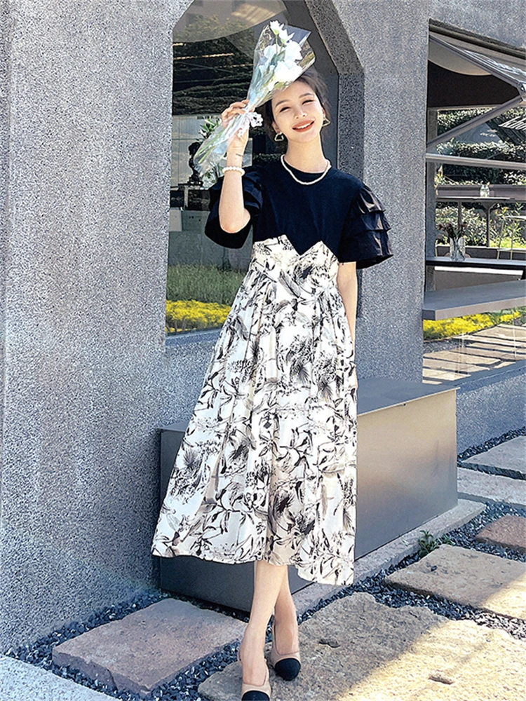 

French Style Petal Sleeve Floral Spliced Print Long Dress 2022 Summer Women Elegant Fashion Slim Casual Girl Maxi Dresses 2683