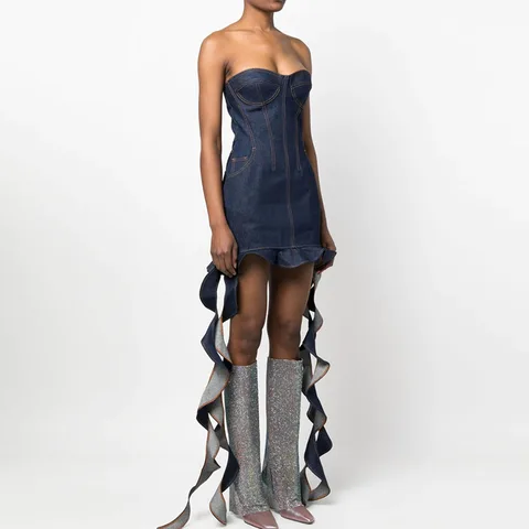 Новинка лета 2024, модное элегантное мини-платье с воротником-лодочкой и оборками, женские хлопковые голубые джинсовые Клубные юбки без рукавов для женщин