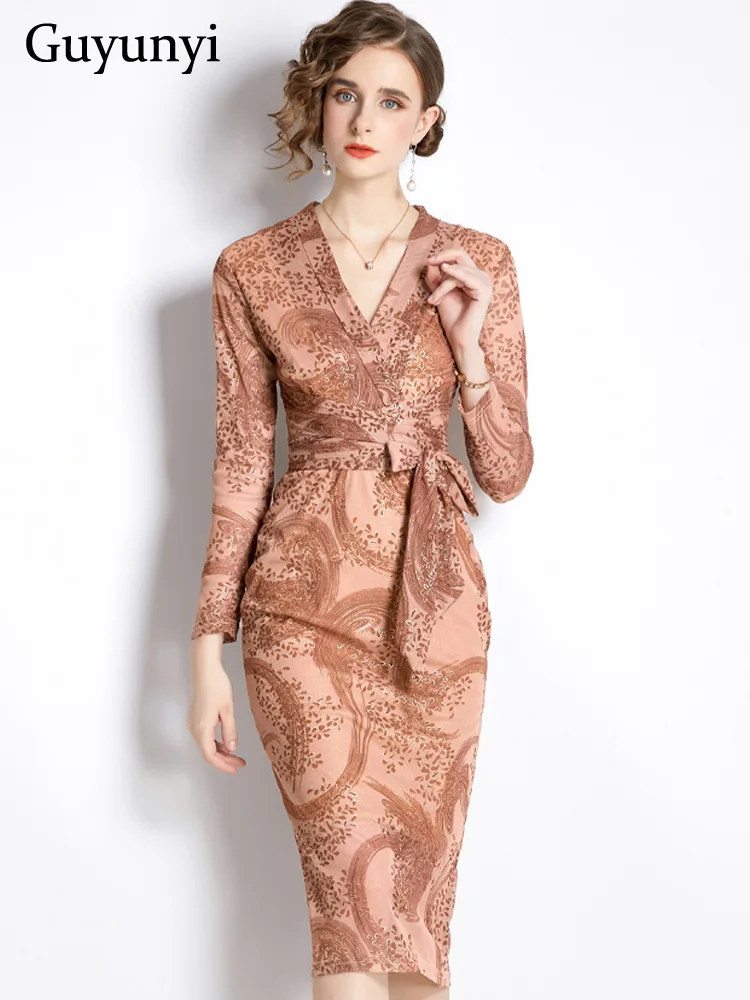 

Fashion Mesh Print Dress 2022 Autumn Temperament V-Neck Full Sleeve High Waist Tie Elasticity Slim Sheath Elegant Party Dress