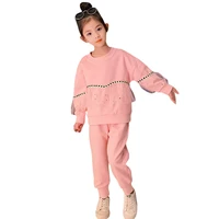 girls clothing sets fall kids long sleeve sweatshirtspants suit patchwork mesh girls pink children costume 4 5 7 8 9 10 12 13y