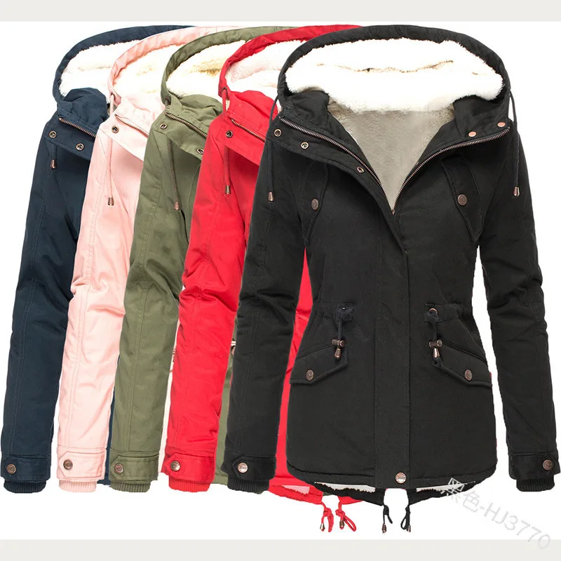 Winter Women Casual Parker Cotton Coat Jacket Solid Color Hooded Drawstring Padded Camping Zipper Coats Oversized Overcoats