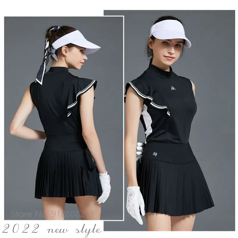 Swan Love Golf Women's Sleeveless Tank Tops Summer Ruffle Sleeve T-Shirts Ladies Short Skirt Pleated Skorts Golf Clothing Sets
