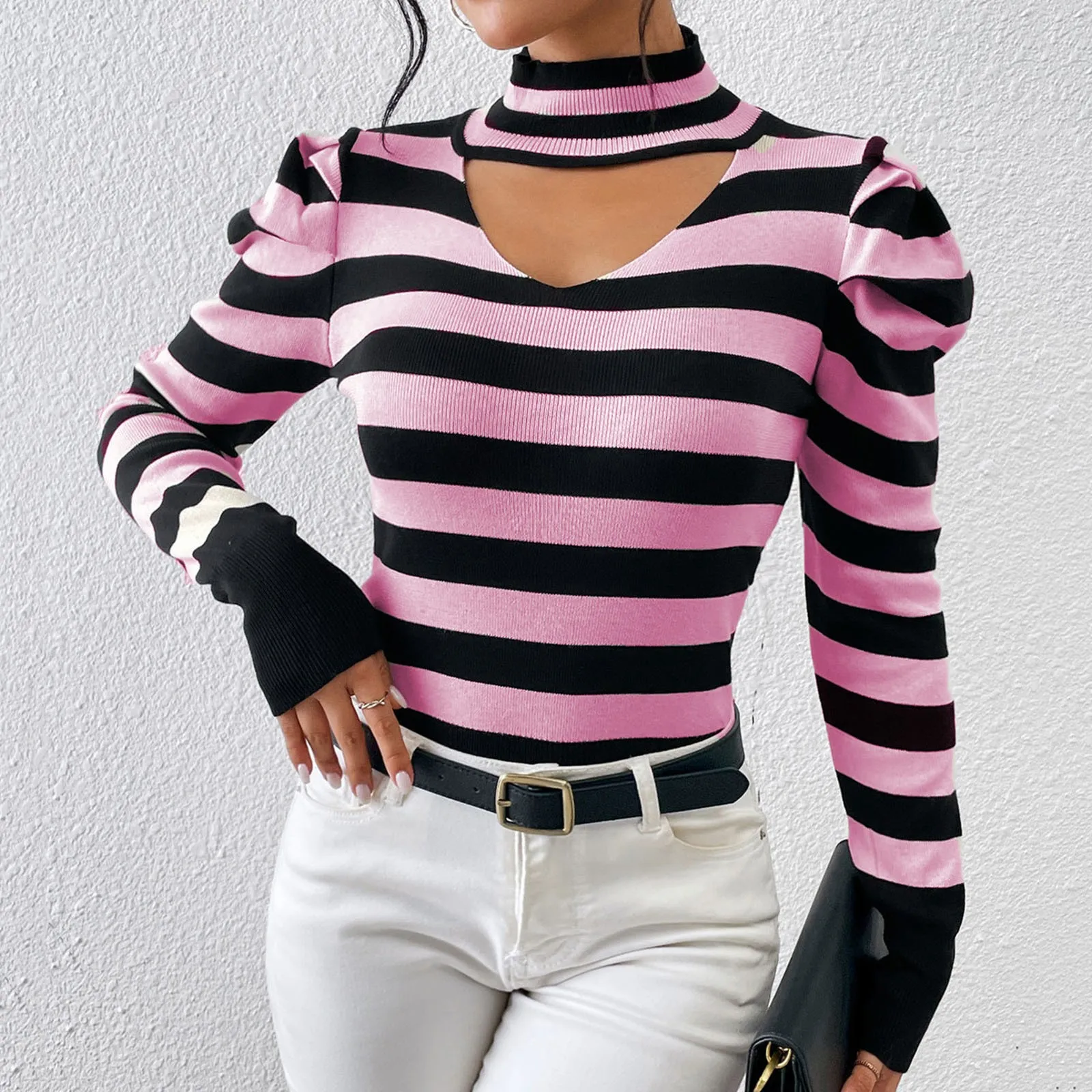 

Новинка осени, ажурные свитера в полоску, облегающие вязаные пуловеры с круглым вырезом и рукавами-пузырьками, милые модные пикантная женская одежда