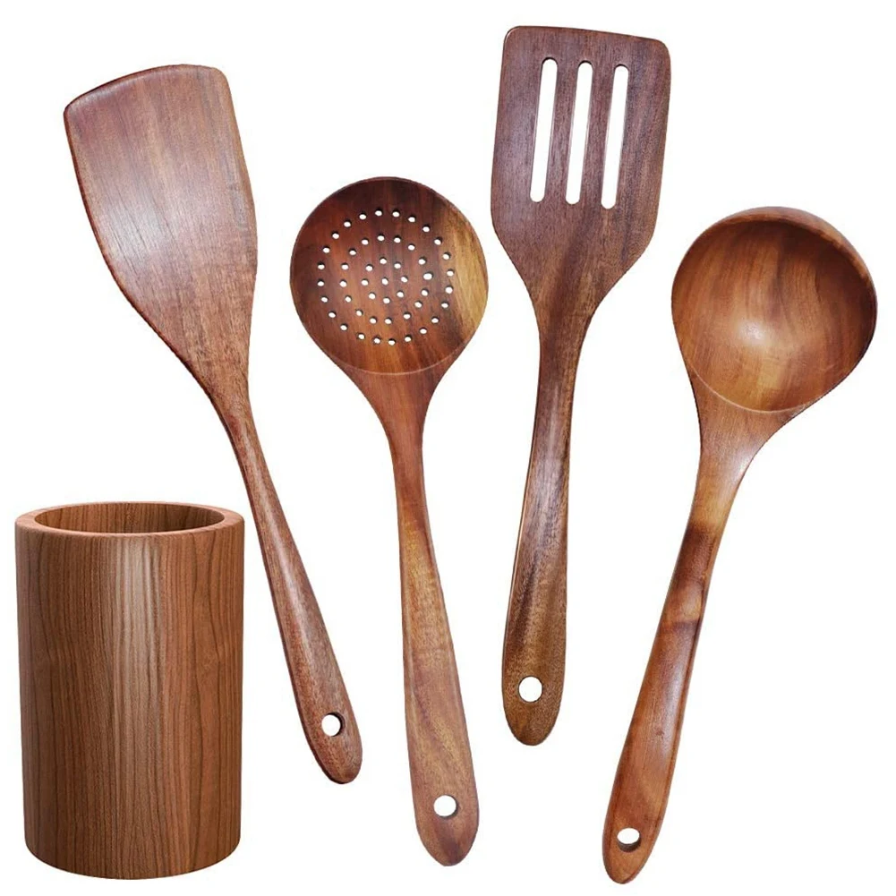 

Wooden Tableware Teak Kitchen Cooking Tableware Set with Stand Suitable for Non-Stick Cookware Wooden Shovel Spoon Cooking 5Pcs