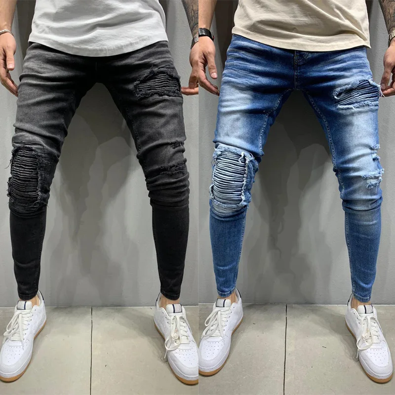 Pleated Slim Fit Ripped Men's Jeans Fashion Hip Hop Male Denim Trousers Street Style Youth Cool Pant Stretch Jeans For Calves