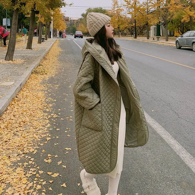 Winter Women's Oversized Down Jacket South Korea Fashion Casual Hooded Extended Coat Loose Light Diamond Heavy Cotton Jacket New