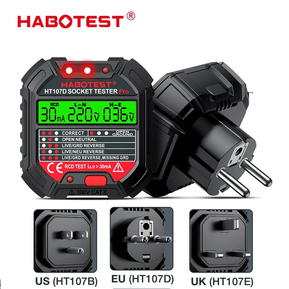HABOTEST HT107 Тестер розеток ЕС Великобритания США Вилка Цифровой детектор 5/30 мА 250 В