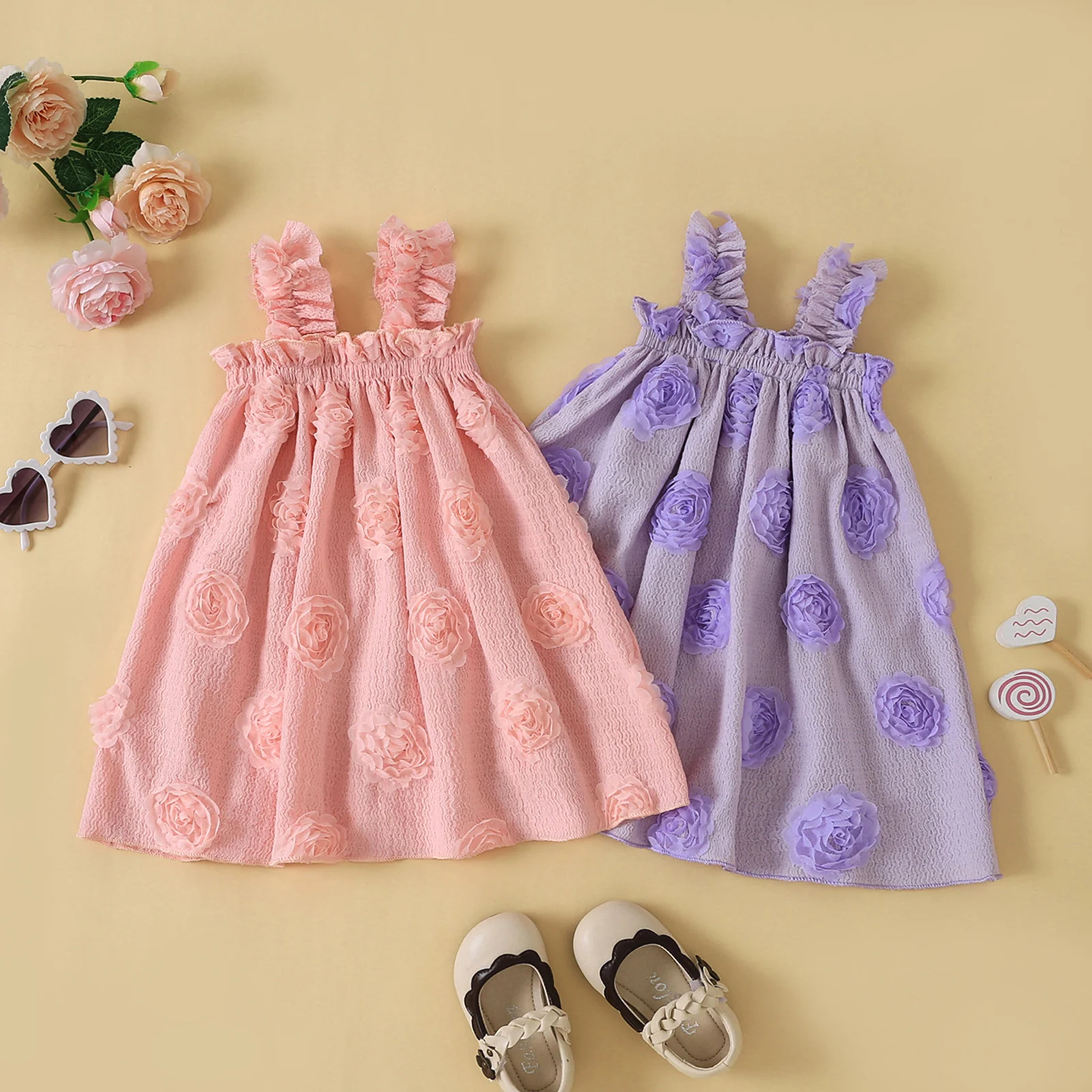 

Милое летнее платье для маленьких девочек, повседневное кружевное платье-трапеция без рукавов с рюшами и квадратным вырезом, с 3D цветами, праздничное платье принцессы