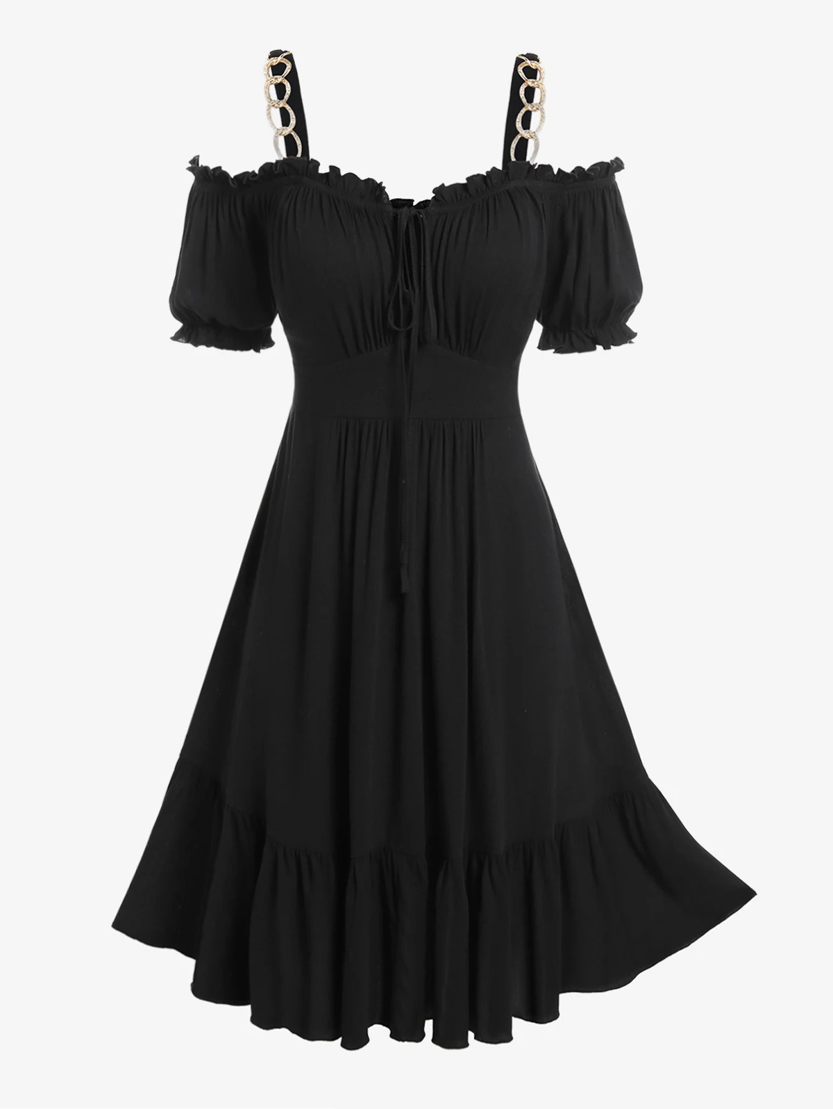 

ROSEGAL Plus Size Chains Ruffles Cold Shoulder Dress Women Fashion High Waisted New In Dresses Knee Length Vestidos Black 5XL