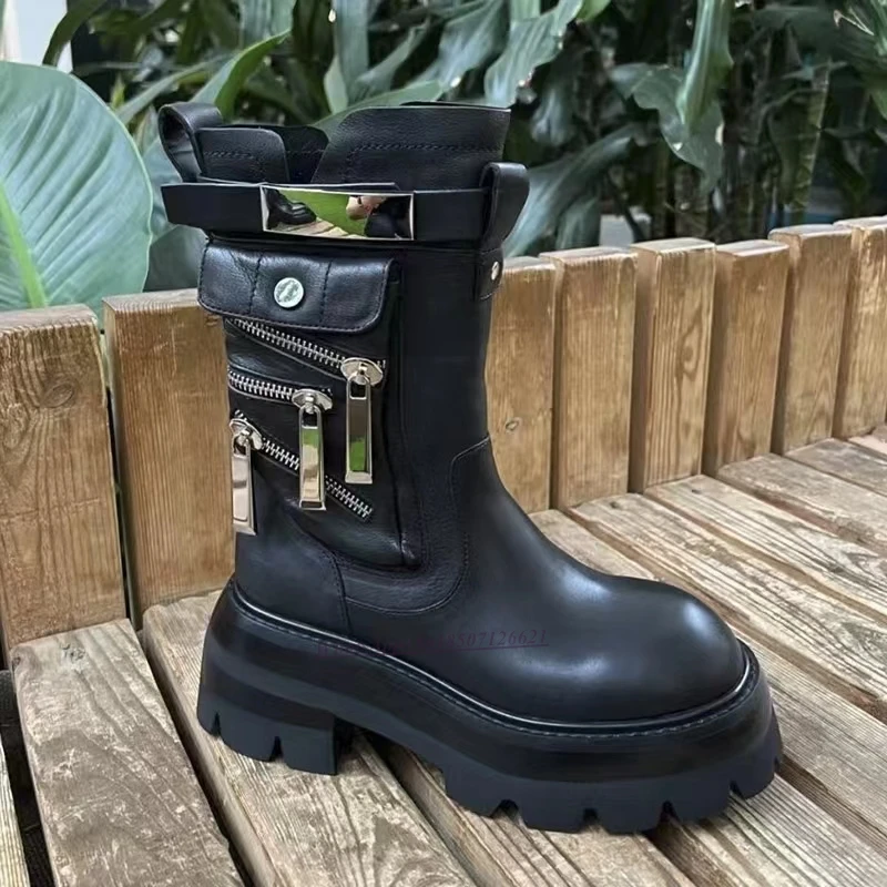 Martin Boots Women's 2022 New Round Head Zipper Decoration Thick Heel Thick Bottom Mid-boots Casual Short Boots for Women