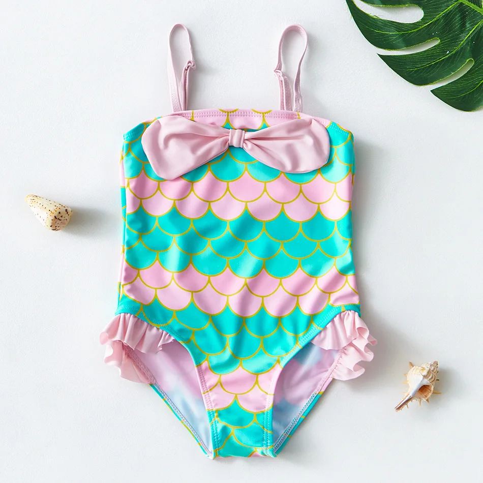 

Детский слитный купальник в виде рыбьей чешуи, купальник с большим бантом для девочек, детский купальник