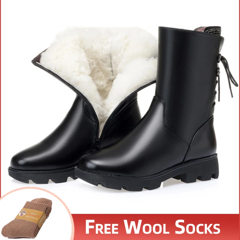 Winter Boots Women Genuine Leather Thick Bottom Wool Ladies Roman Boots Shiny Large Size  Fashion Zip Design Women Snow Boots