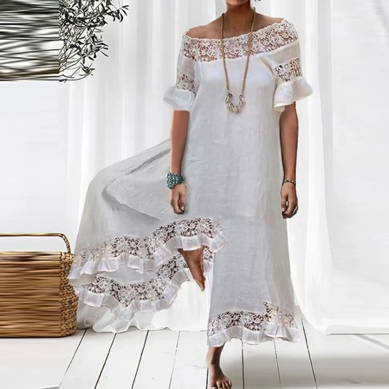 Elegant Women Solid Cotton Linen Lace Jumpsuit New Spring Collar Ruffled Sleeve Wide Leg Pant Fashion Sexy Summer Loose jumpsuit