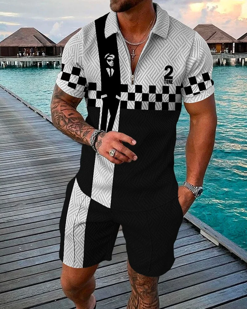 Men Summer Tracksuit V-Pattern Series Short Sleeve Zipper Polo Shirt&Shorts Sets For Men Casual High Quality Streetwear Suit images - 6