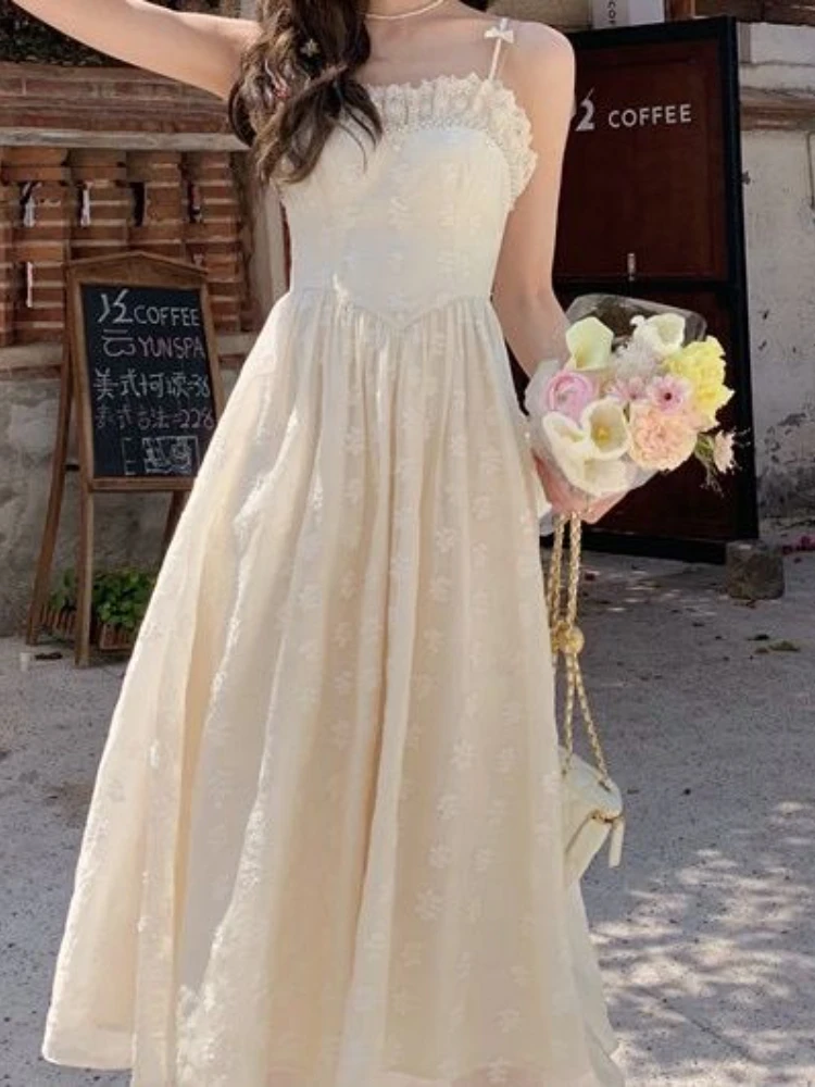 

Summer Lace Kawaii Party Dress Women Bow Lace Elegant Fairy Midi Dress Female Korean Style Beach Sexy Strap Slim Dress 2023 New