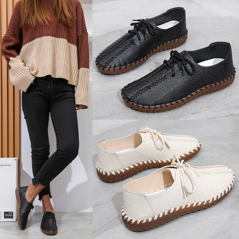 

2022 New Styles Women's Loafers Round Toe Lace-up British Style Solid Color Flat Bottom Women's Comfortable Loafers