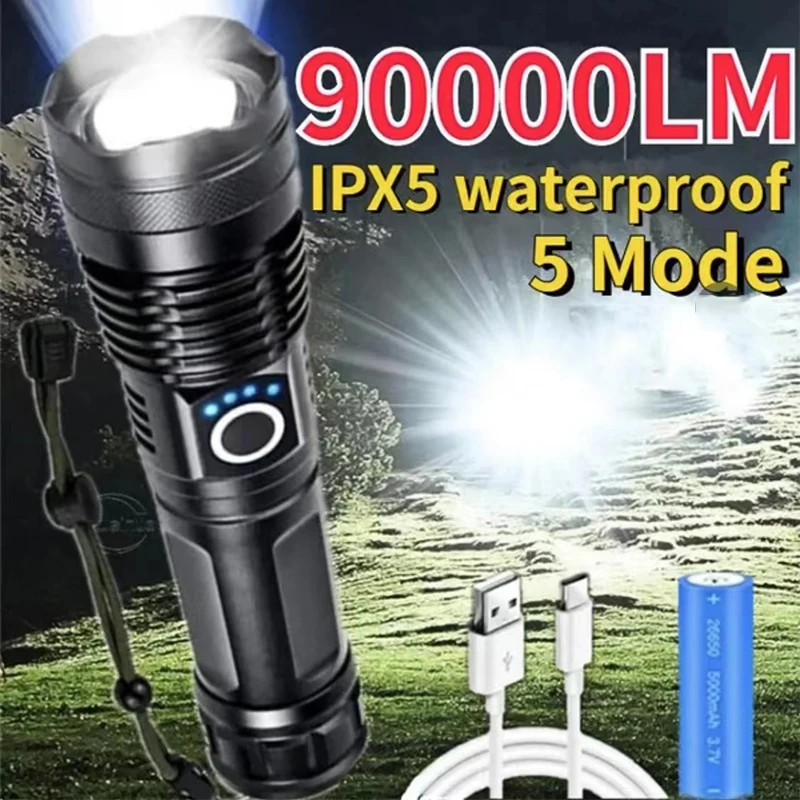 High Power XHP100 Led Flashlight Rechargeable 4 Core Torch Zoom Usb Hand Lantern For Camping, Outdoor & Emergency Use