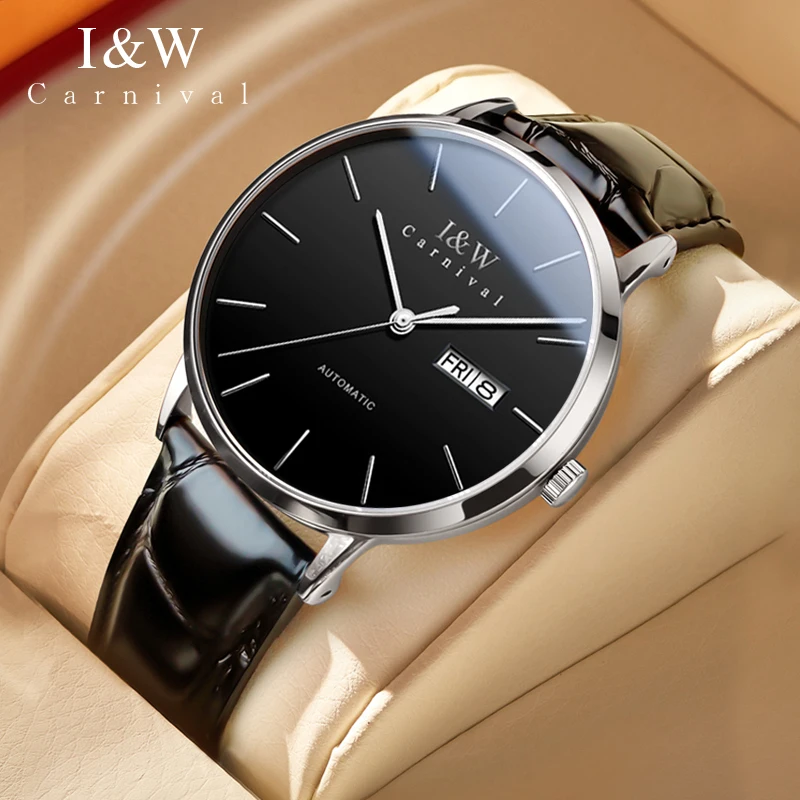 

CARNIVAL Black Leather Men Automatic Mechanical Watch Week Calendar Display Fashion Business Men's Watches Waterproof Clock 8028