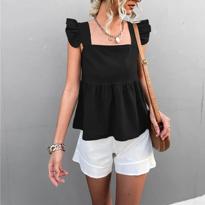 

Женские модные однотонные майки 2022, Летние повседневные укороченные топы без рукавов с квадратным вырезом и оборками, Свободный пуловер, блузки, рубашки