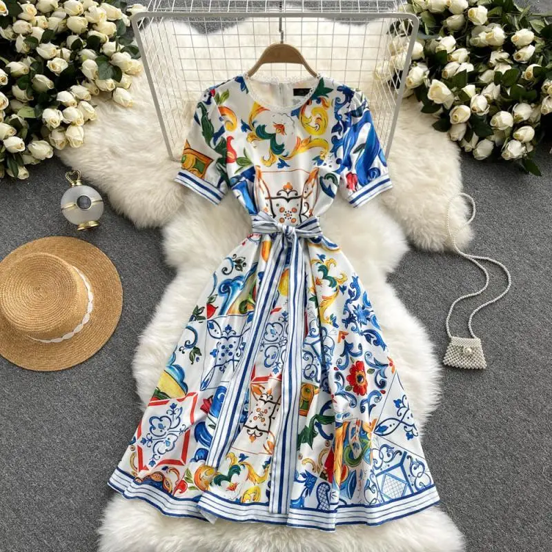 

Women 2022 Pullover Sundress Robe Palace Elegant Short Sleeve V-Neck Dresses For Women Summer Belt A-Line Dresses vestido