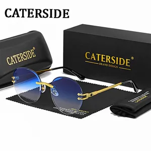 CATERSIDE 2022 Rimless Sunglasses Male Metal Luxury Blue Gradient Oval Sun Glasses Female Outdoor Pu