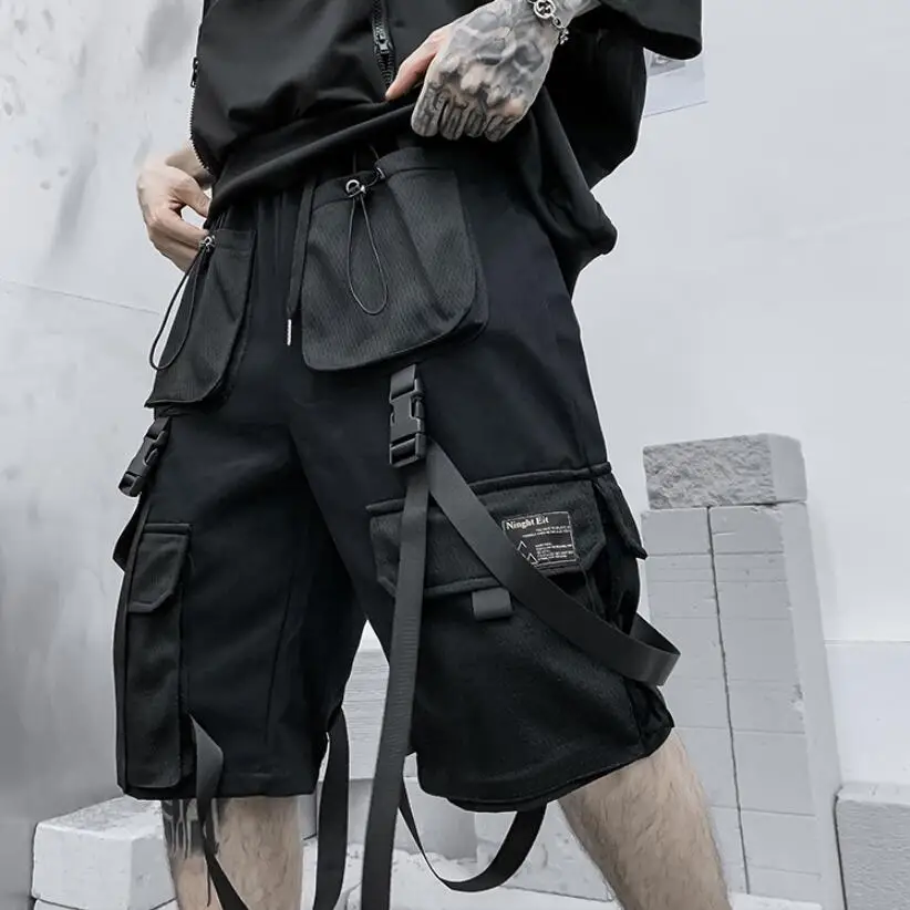 

Men summer ribbons hip hop cargo shorts casual streetwear shorts mens harajuku punk short pants bermuda homme