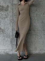 sunny y j khaki solid split elegant fashion long maxi dresses for women 2022 autumn winter full sleeve v neck office lady dress
