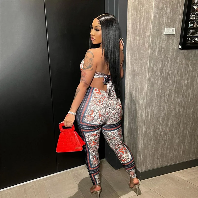 

Комплект из двух предметов Akaily Женский, уличный костюм с принтом, укороченный Топ без бретелек с открытой спиной и узкие длинные брюки, на ле...